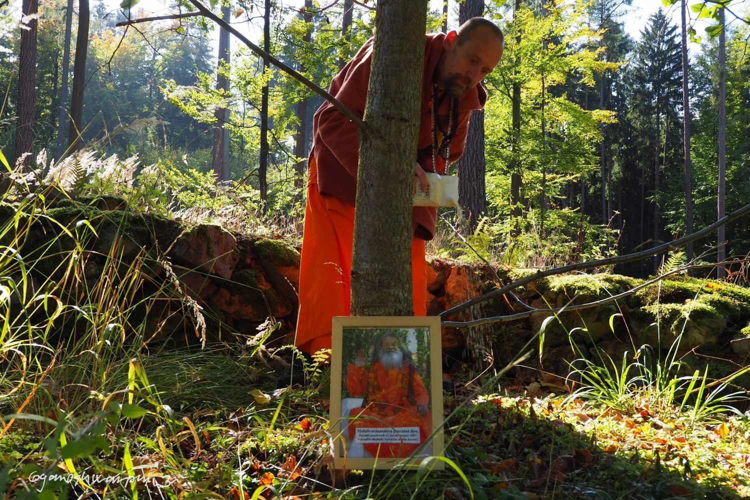 Děravka - exorcismus  u Mahéšvaránandovy lípy, Svámí Gyaneshwarpuri, samospoušť 2021.