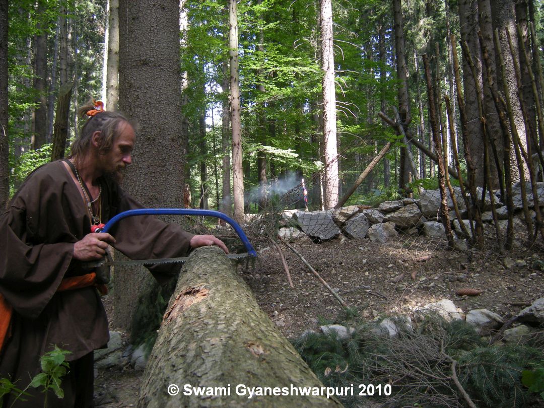 Posvátná Děravka - strom se nebezpečně zlomil na oplocenku u lípy. Foto: Marek Gyaneshwarpuri, samospoušť 2010.